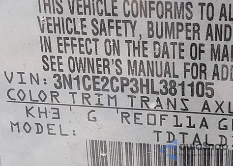 2017 Nissan Versa Note Sv z USA, uszkodzony, nr VIN 3N1CE2CP3HL381105